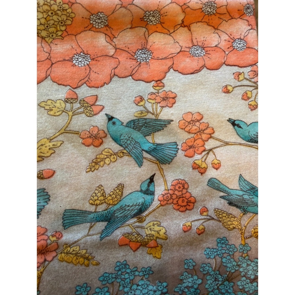 Vintage Scenic Stretch Fabric Blue Birds Orange Village Landscape Print 44"x56" - Picture 2 of 6